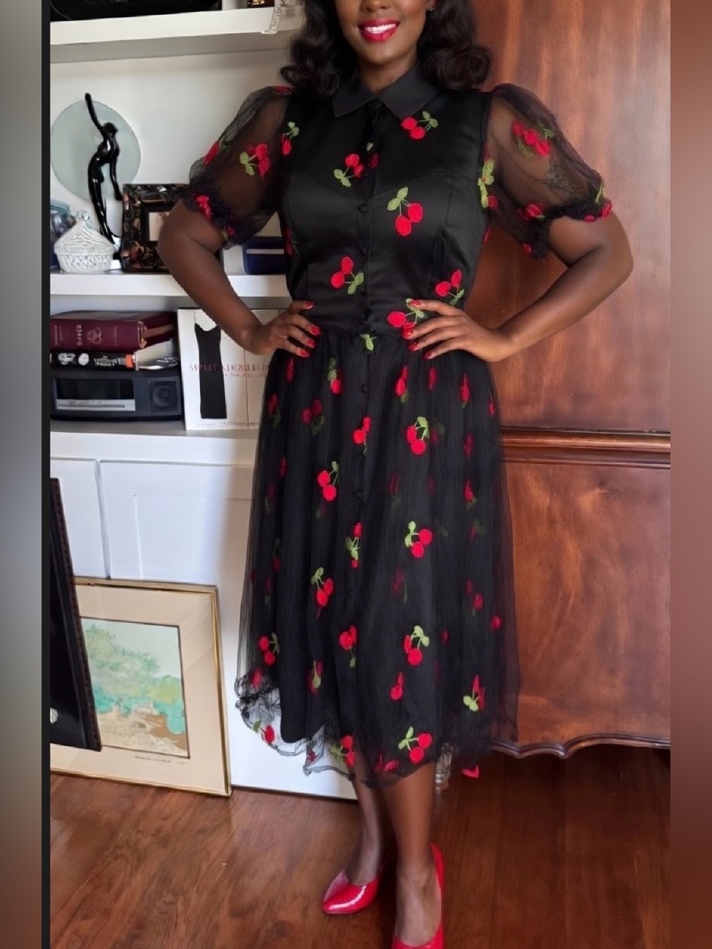 Unique Vintage Cherry Black Embroidered Mesh Dress
